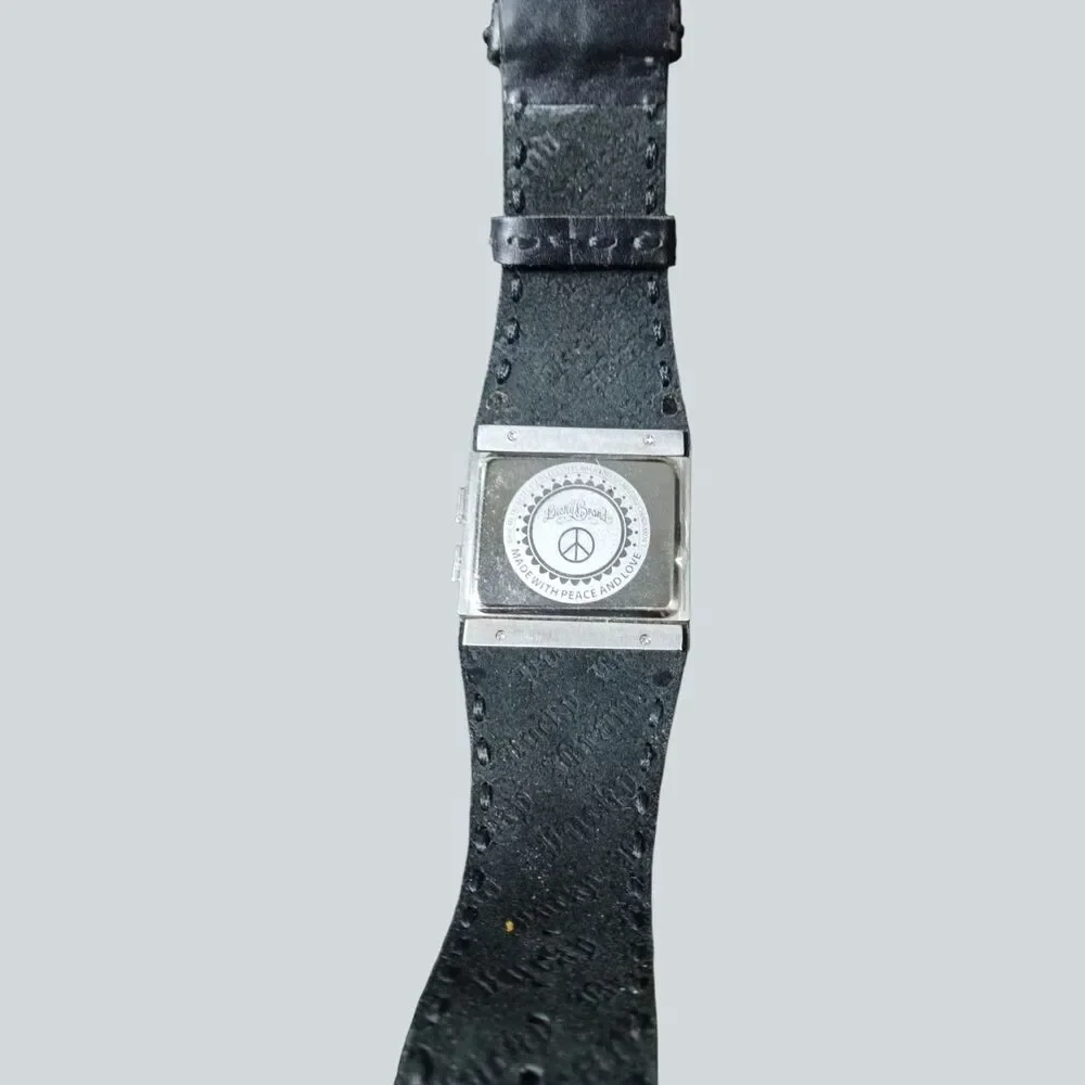 Lucky Brand Digital Watch Black Leather Cuff Silver Etched Case Battery Needed